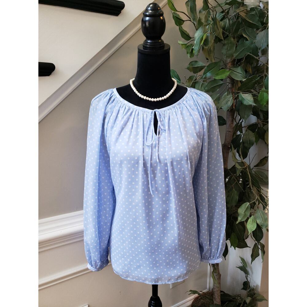 Women's Talbots Blue Polka Dot Blouse Size MP Long Sleeves‎ Pullover